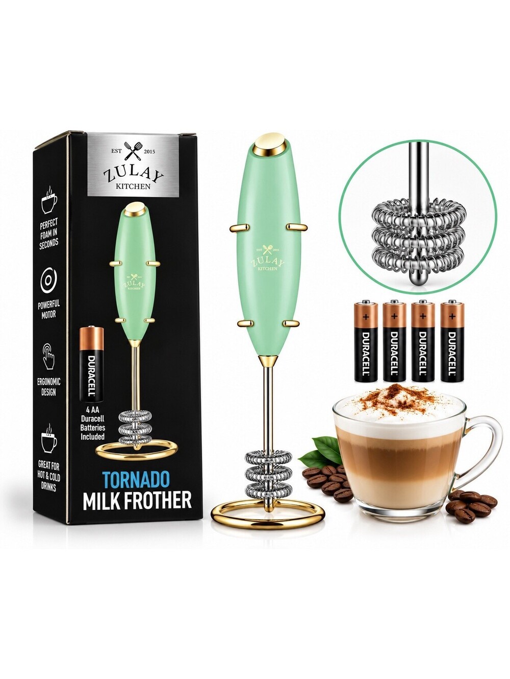 💚 Zulay Kitchen Tornado Milk Frother – Mint Green – 3 Coil – Batteries Included